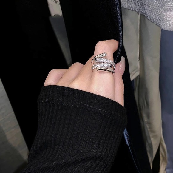 Silver Cubic Zirconia Crystal Geometric Adjustable Ring - Picture 5 of 14